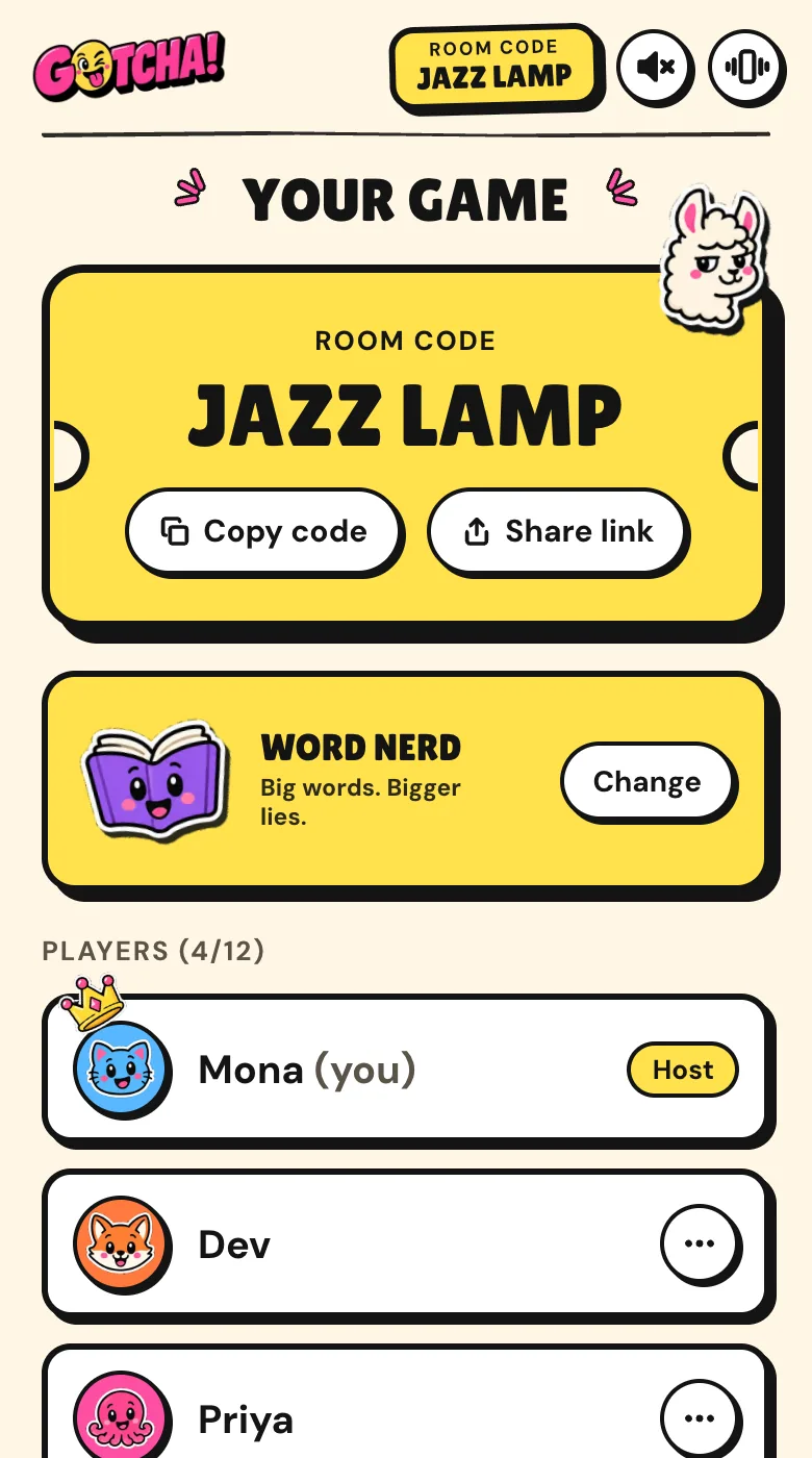 The Gotcha! lobby showing the room code JAZZ LAMP and four players who joined